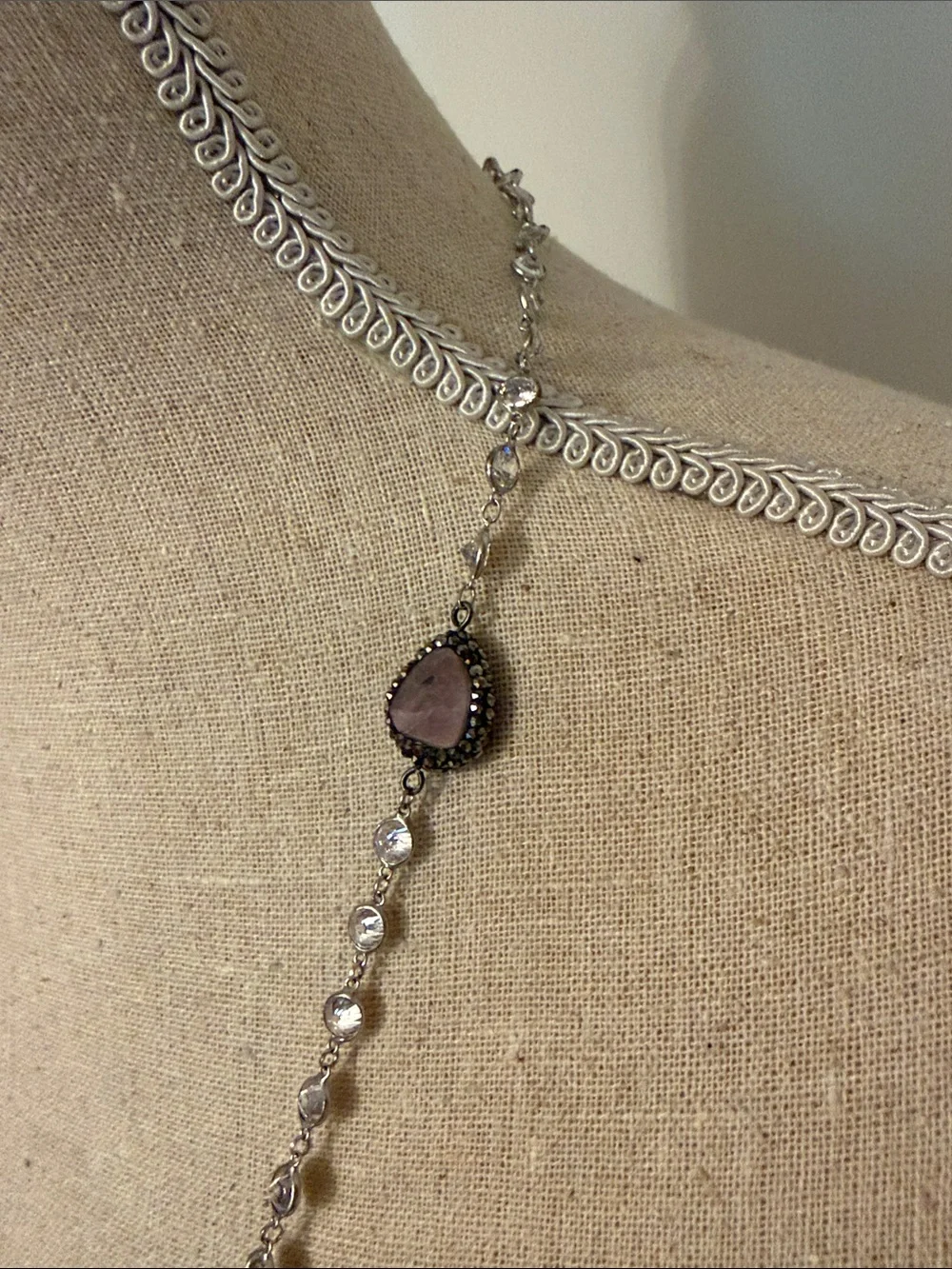NECKLACE STERLING SILVER CHAIN BEZEL SET CRYSTALS WHITE BAROQUE PEARLS PAVE 37”